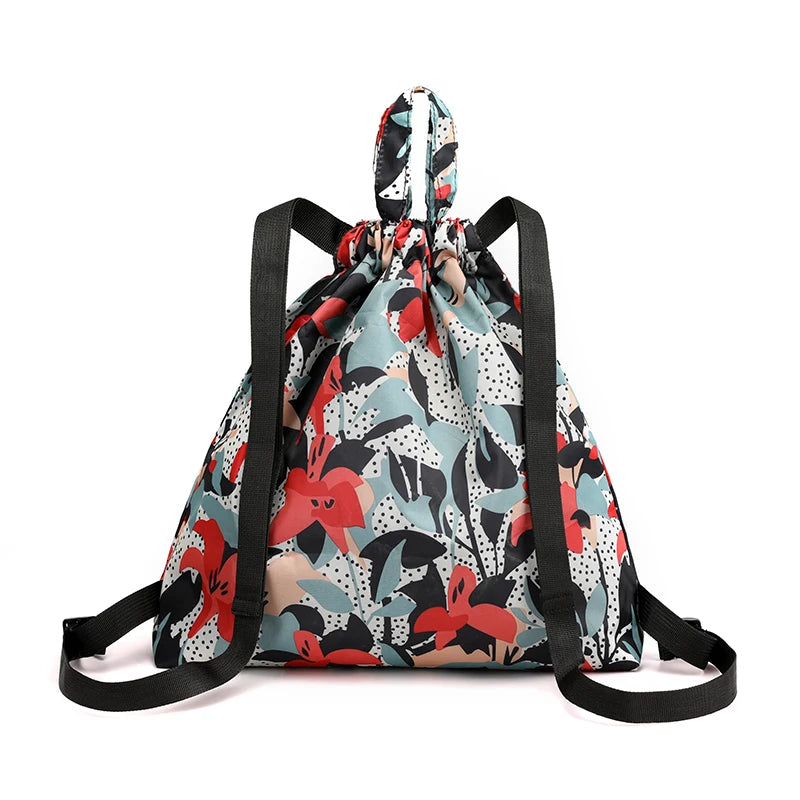 Women Drawstring Bag Backpack Durable School Backpack Portable Foldable Bag