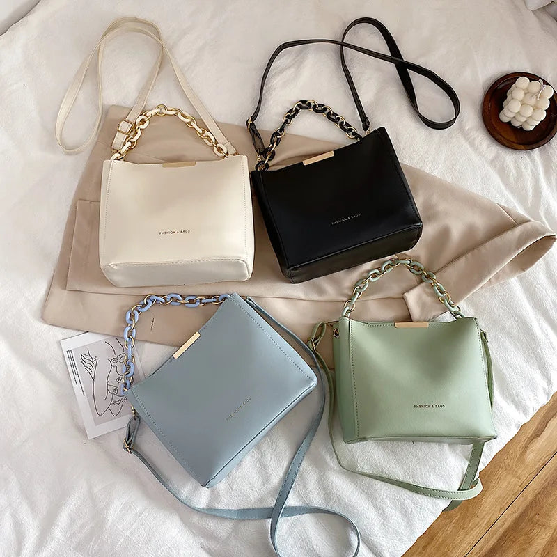 Women Shoulder Bag PU Leather Wild Solid Bucket Crossbody Pack Handbag