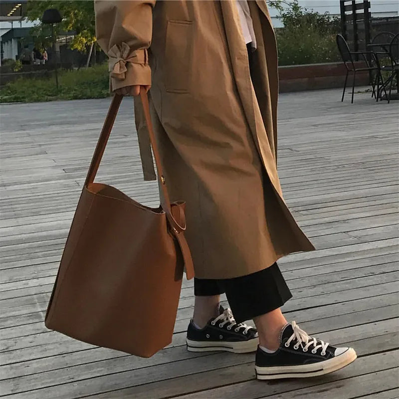 Women Bucket Bag High PU Leather Shoulder Bag Girl Handbags