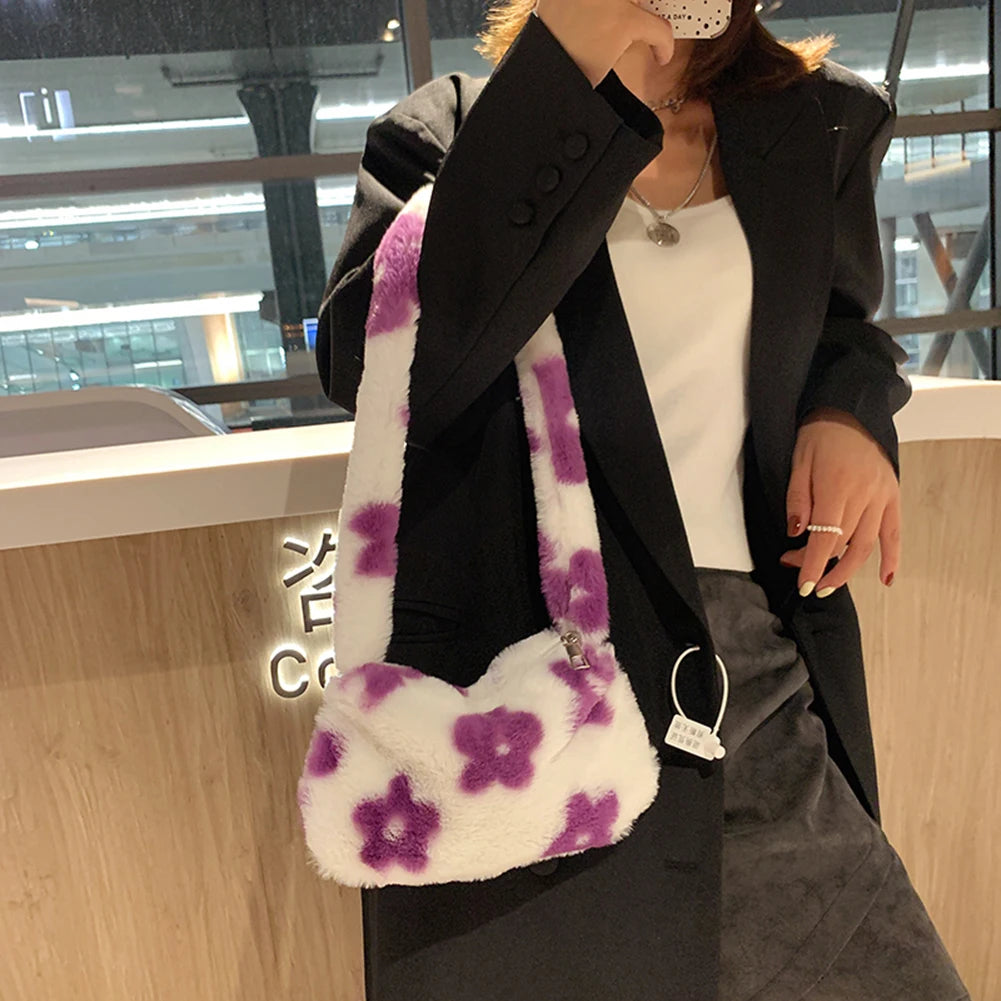 Flower Print Shoulder Bag Soft Plush Handbag Small Tote