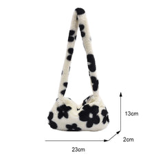 Flower Print Shoulder Bag Soft Plush Handbag Small Tote