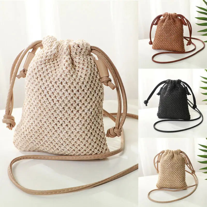 Women Straw Handbag Retro Rattan Woven Beach Shoulder Bag