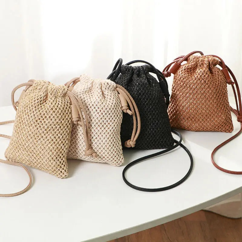 Women Straw Handbag Retro Rattan Woven Beach Shoulder Bags