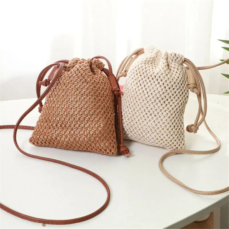 Women Straw Handbag Retro Rattan Woven Beach Shoulder Bag