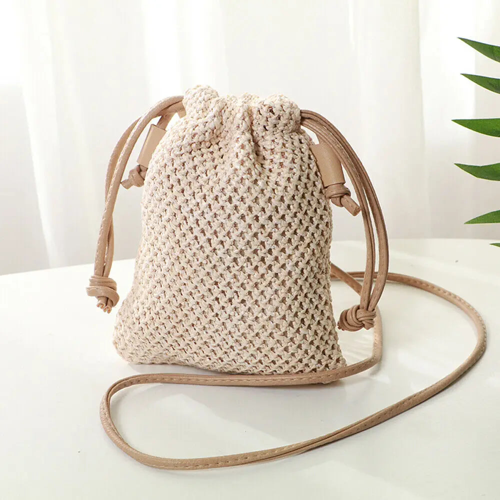 Women Straw Handbag Retro Rattan Woven Beach Shoulder Bag