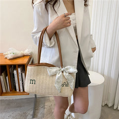 Women Straw Woven Bag Irregular Letters Weave Shoulder Bag with Scarf