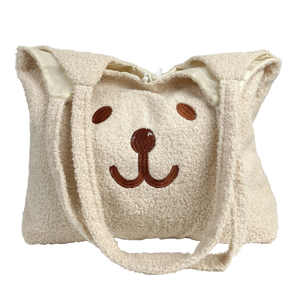 Women Lamb Wool Bear Face Handbag Embroidered Large Solid Shoulder Bags