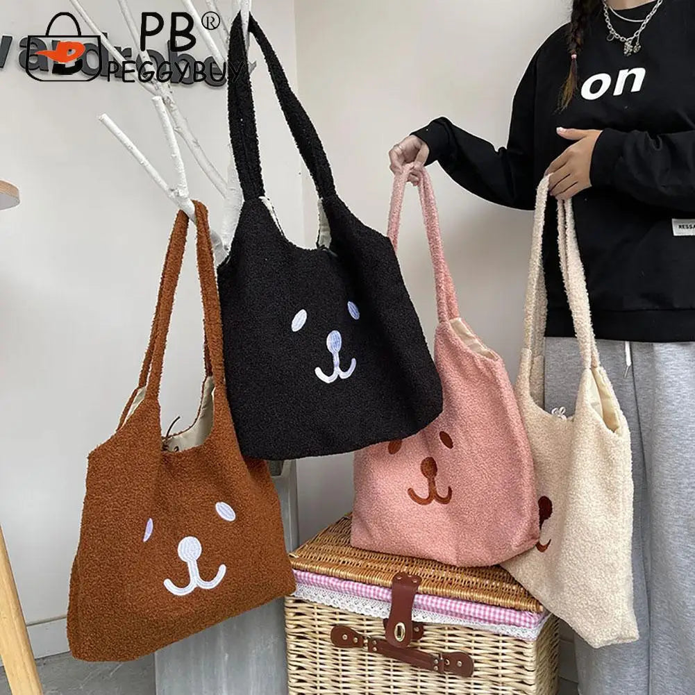 Women Lamb Wool Bear Face Handbag Embroidered Large Solid Shoulder Bags