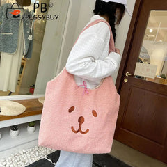Women Lamb Wool Bear Face Handbag Embroidered Large Solid Shoulder Bags