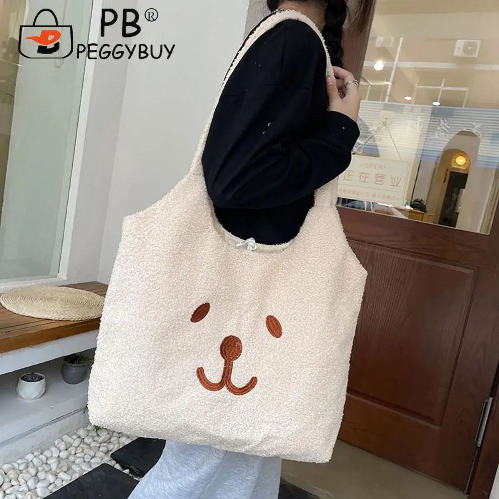 Women Lamb Wool Bear Face Handbag Embroidered Large Solid Shoulder Bags