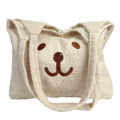 Women Lamb Wool Bear Face Pattern Handbag Portable Travel Embroidered