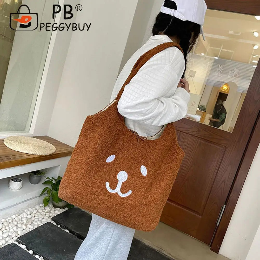 Women Lamb Wool Bear Face Handbag Embroidered Large Solid Shoulder Bags