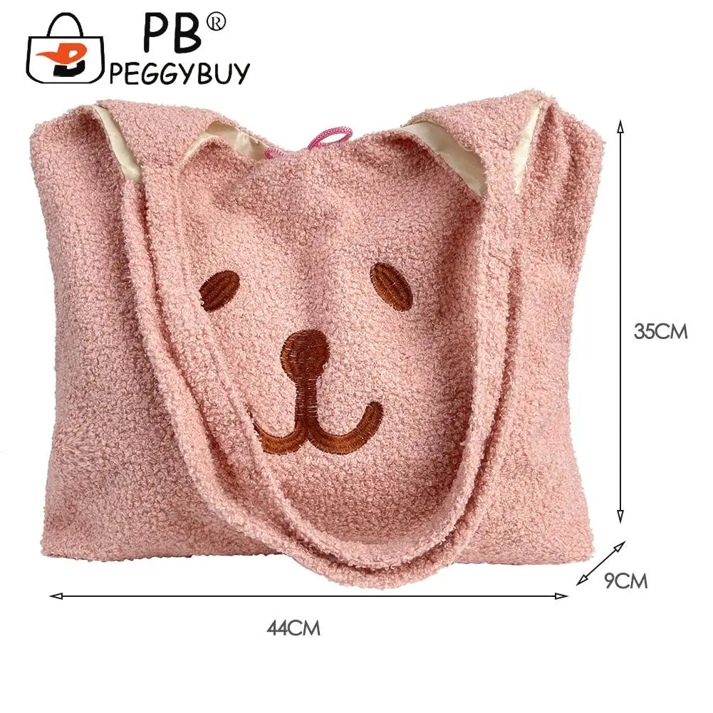 Women Lamb Wool Bear Face Handbag Embroidered Large Solid Shoulder Bags