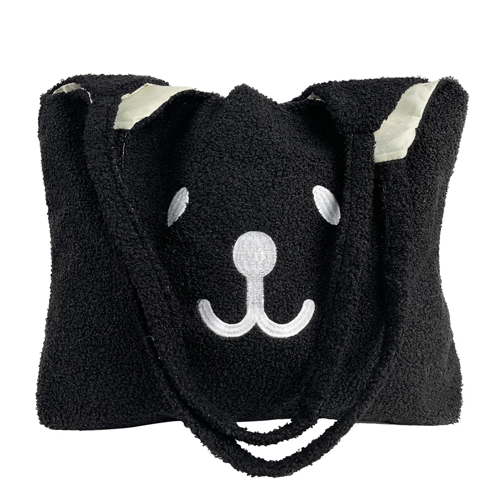 Women Lamb Wool Bear Pattern Handbag Embroidered Large Capacity Shoulder Bag