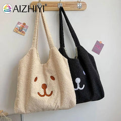 Women Lamb Wool Bear Pattern Handbag Embroidered Large Capacity Shoulder Bag