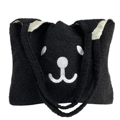 Women Lamb Wool Bear Pattern Handbag Embroidered Large Capacity Shoulder Bag