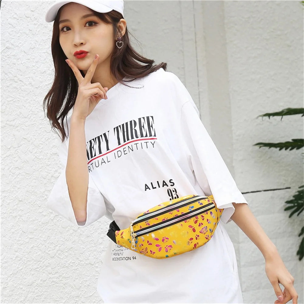 Colorful Laser Messenger Waist Bag Double Zipper Fanny Pack Girls Travel Phone B