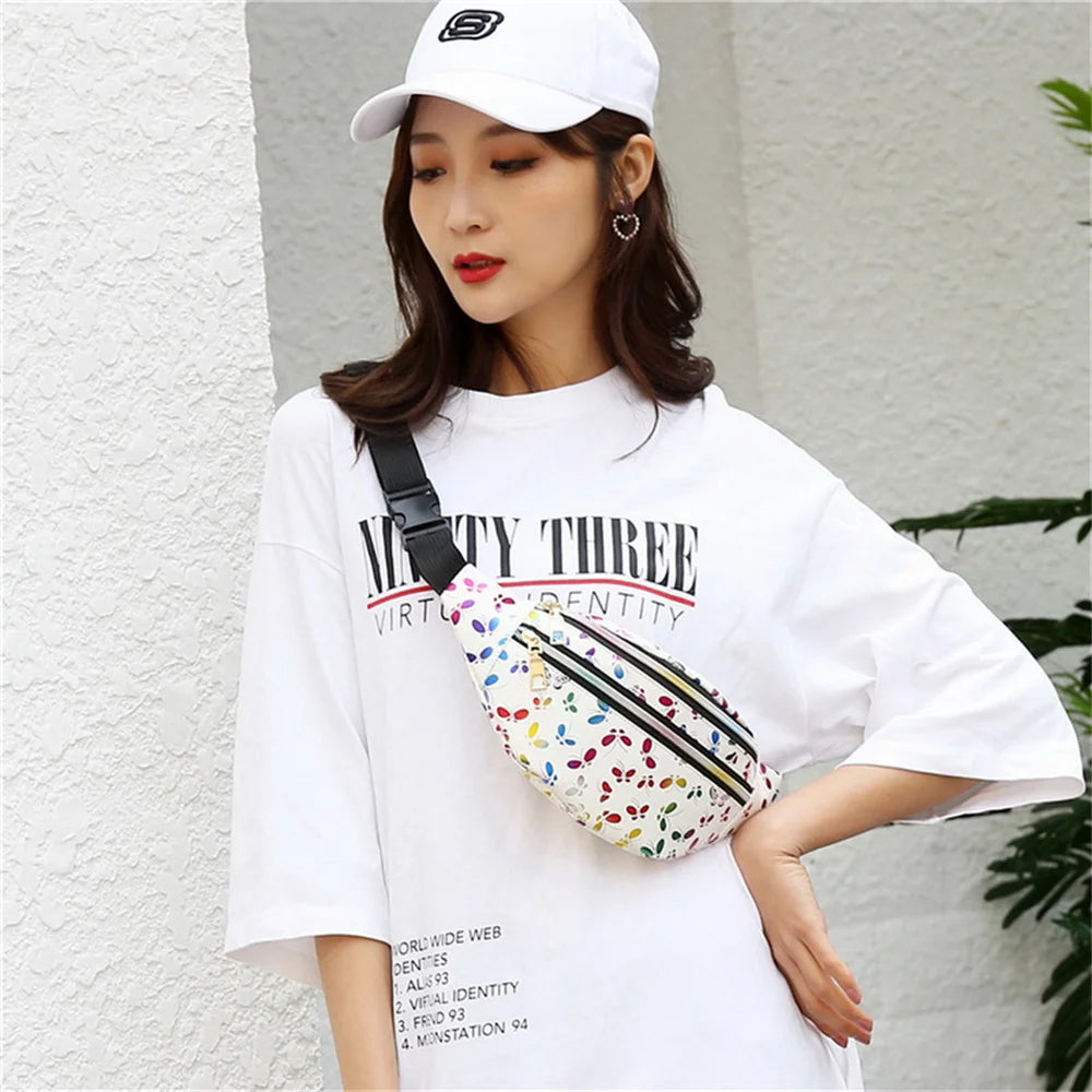Colorful Laser Messenger Waist Bag Double Zipper Fanny Pack Girls Travel Phone B