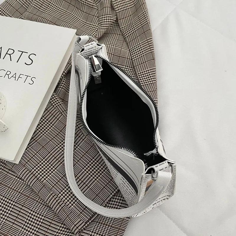 Women PU Leather Shoulder Bag with Newspaper Print Design