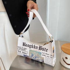 Women PU Leather Shoulder Bag with Newspaper Print Design