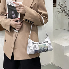 Women PU Leather Shoulder Bag with Newspaper Print Design