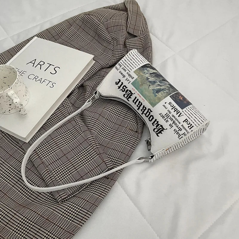 Women PU Leather Shoulder Bag with Newspaper Print Design