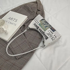 Women PU Leather Shoulder Bag with Newspaper Print Design