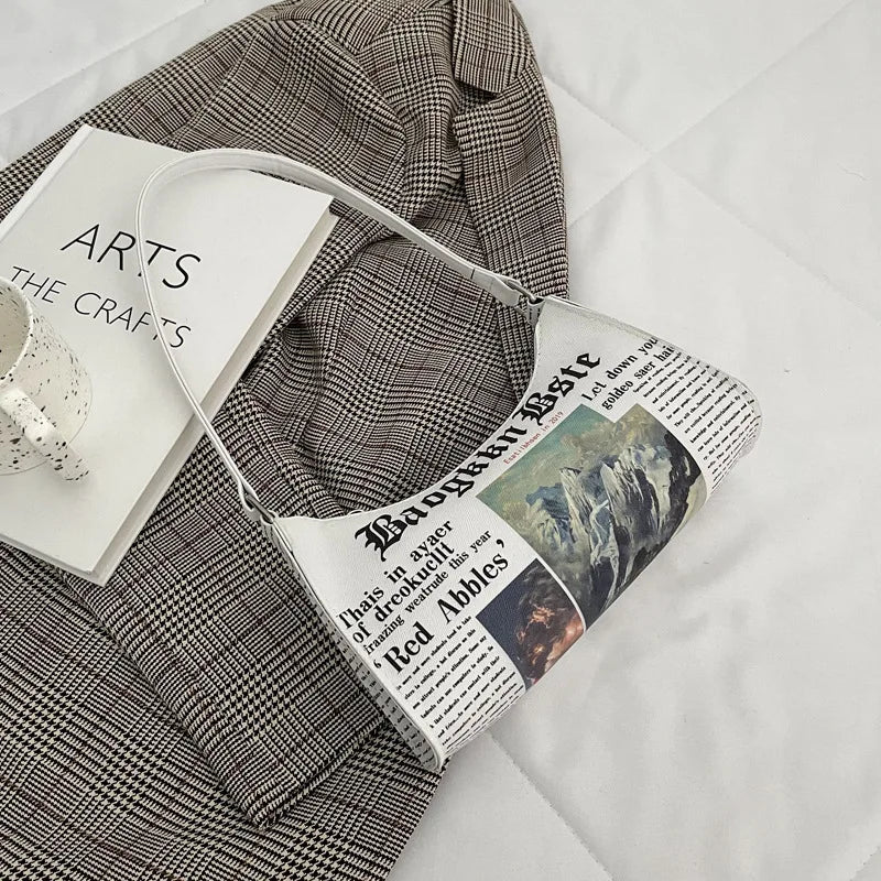 Women PU Leather Shoulder Bag with Newspaper Print Design