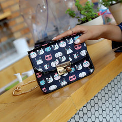 Women PU Leather Chain Shoulder Bag Cat Head Graffiti Beach Bag