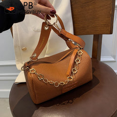 Women PU Leather Underarm Bag with Metal Chain Zipper Small Handbag