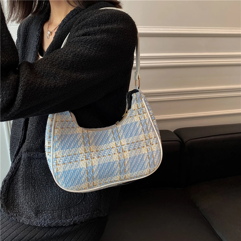 Women Plaid Print PU Leather Canvas Shoulder Bag Small Hobos Purse Handba