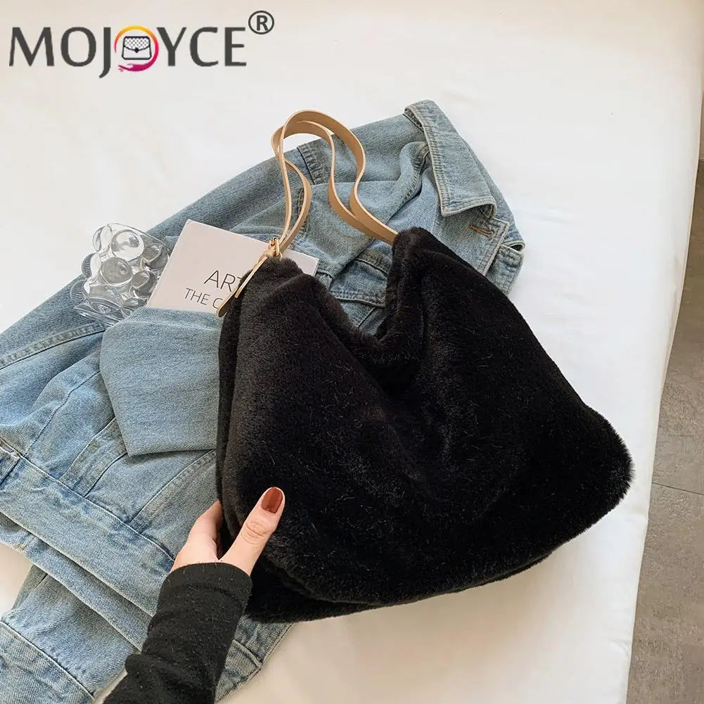 Women Plush Double Strap Handbag Soft Fur Large Capacity Purse