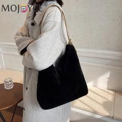 Women Plush Double Strap Handbag Soft Fur Large Capacity Purse