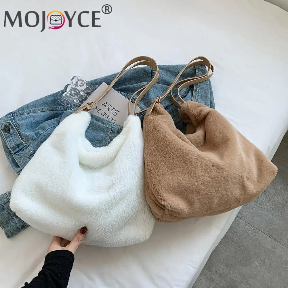 Women Plush Double Strap Handbag Soft Fur Large Capacity Purse
