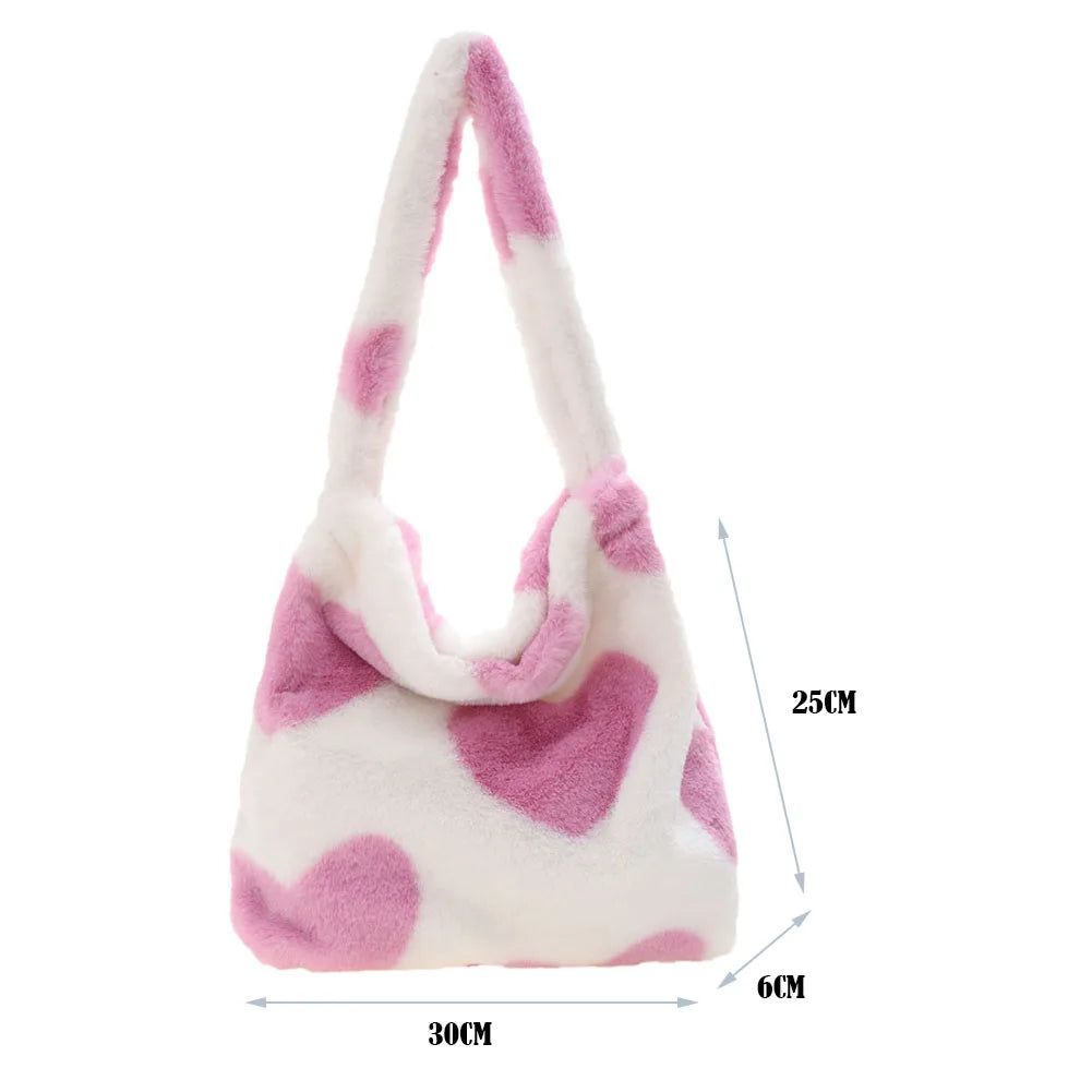 Women Plush Leopard Underarm Bags Love Heart Pattern Shoulder Bag