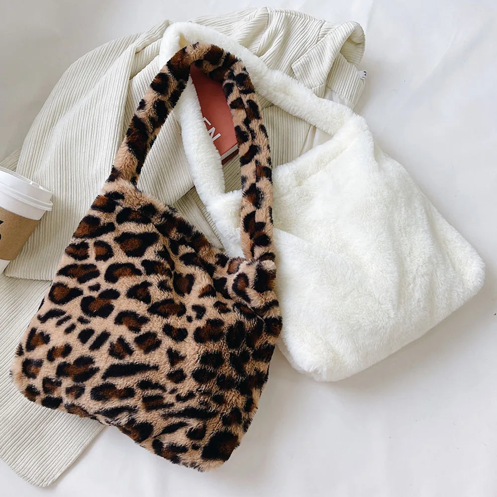Women Plush Leopard Underarm Bags Love Heart Pattern Shoulder Bag