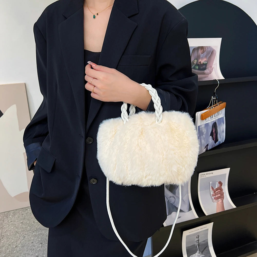 Women Plush Shoulder Bags Soft Crossbody Bags Winter Fluffy Fur Handle Bags