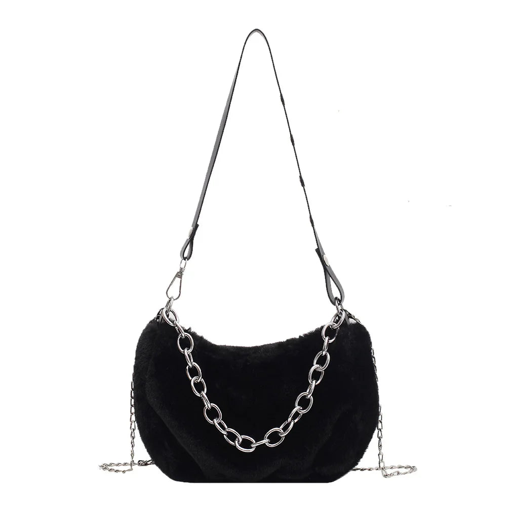 Women Plush Shoulder Top-handle Bag Autumn Messenger Purse Chain Totes Shopping
