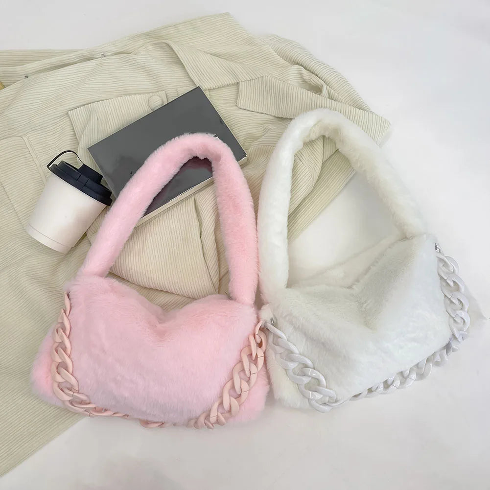 Women Plush Underarm Bags Soft Fluffy Casual Shoulder Bag Winter