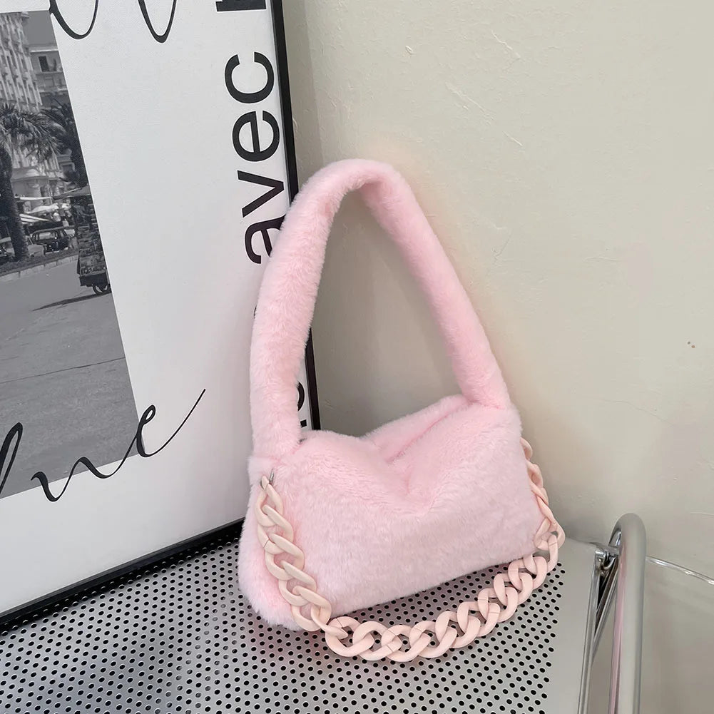 Women Plush Underarm Bags Soft Fluffy Casual Shoulder Bag Winter