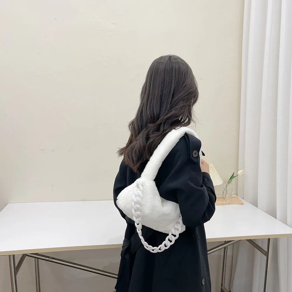 Women Plush Underarm Bags Soft Fluffy Casual Shoulder Bag Winter