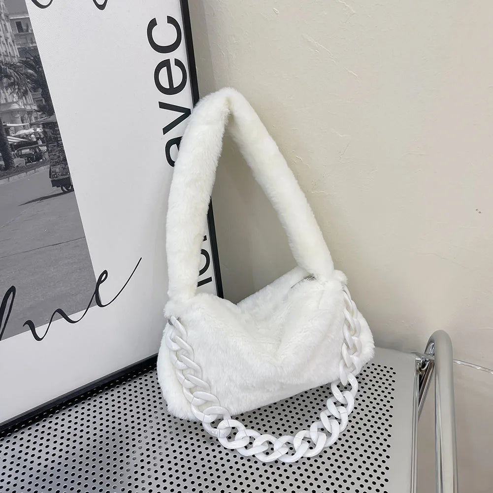 Women Plush Underarm Bags Soft Fluffy Casual Shoulder Bag Winter