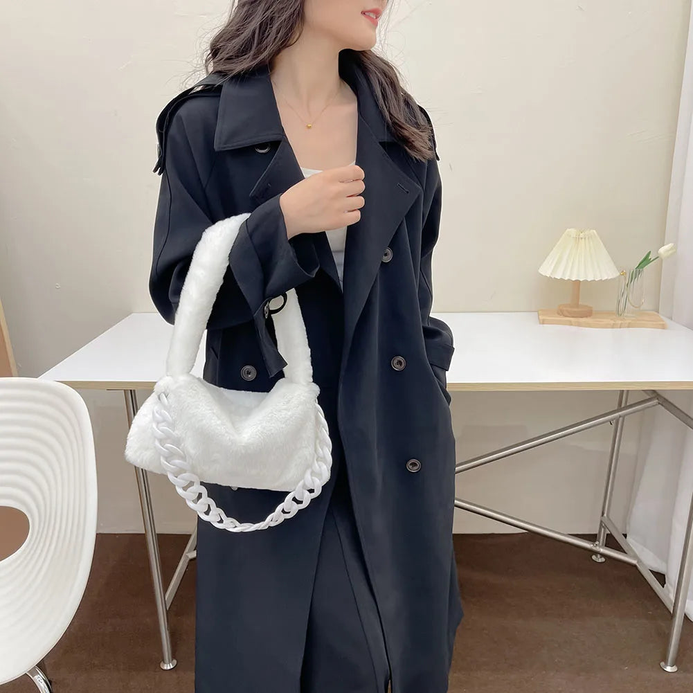 Women Plush Underarm Bags Soft Fluffy Casual Shoulder Bag Winter