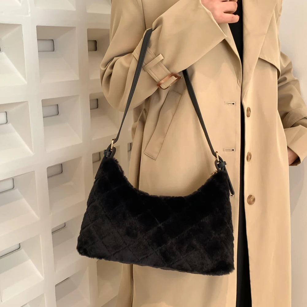 Women Shoulder Bag Rhombus Fluffy Handbag Winter Casual Armpit Bag