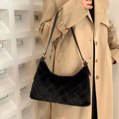 Women Shoulder Bag Rhombus Fluffy Handbag Winter Casual Armpit Bag