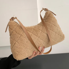 Women Shoulder Bag Rhombus Fluffy Handbag Winter Casual Armpit Bag