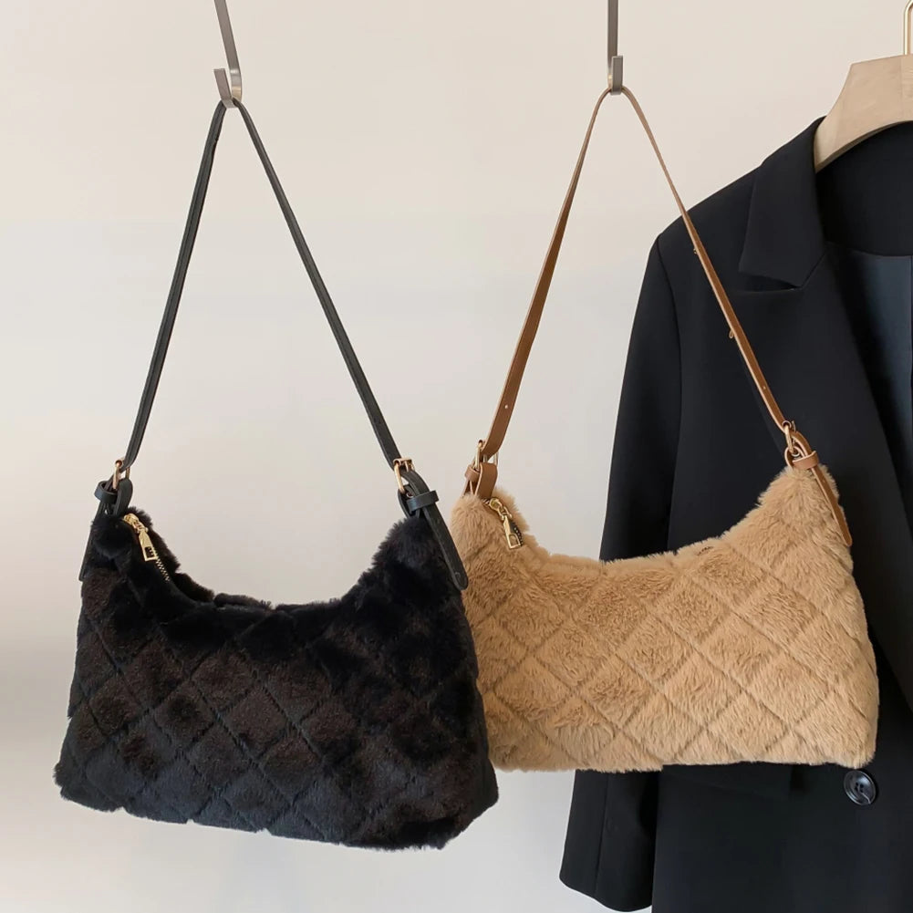 Women Shoulder Bag Rhombus Fluffy Handbag Winter Casual Armpit Bag