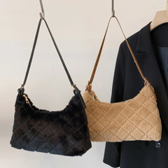 Women Shoulder Bag Rhombus Fluffy Handbag Winter Casual Armpit Bag