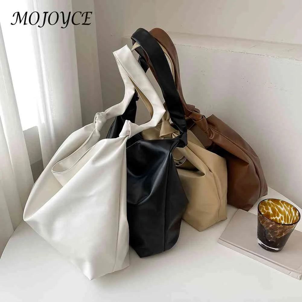Solid PU Leather Shoulder Bag Large Capacity Shopping Tote
