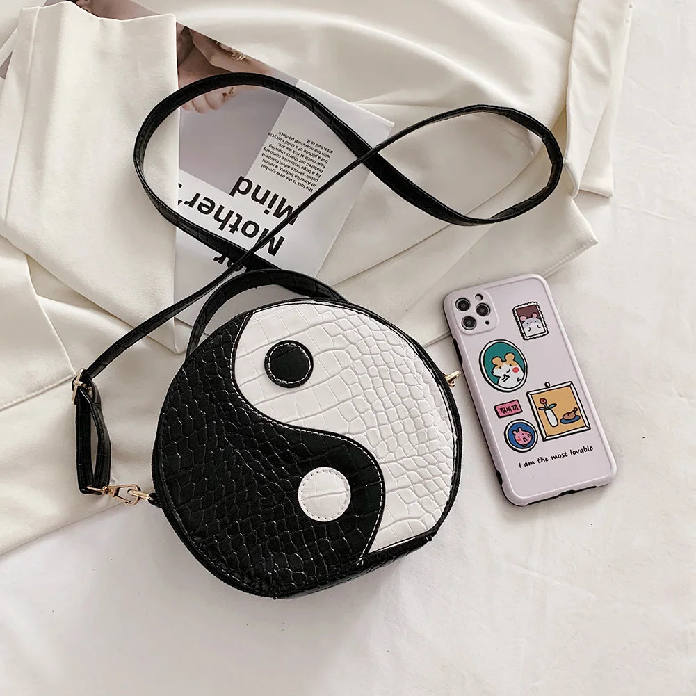 Women Tai Chi Messenger Bags Small PU Leather Round Shoulder Bags